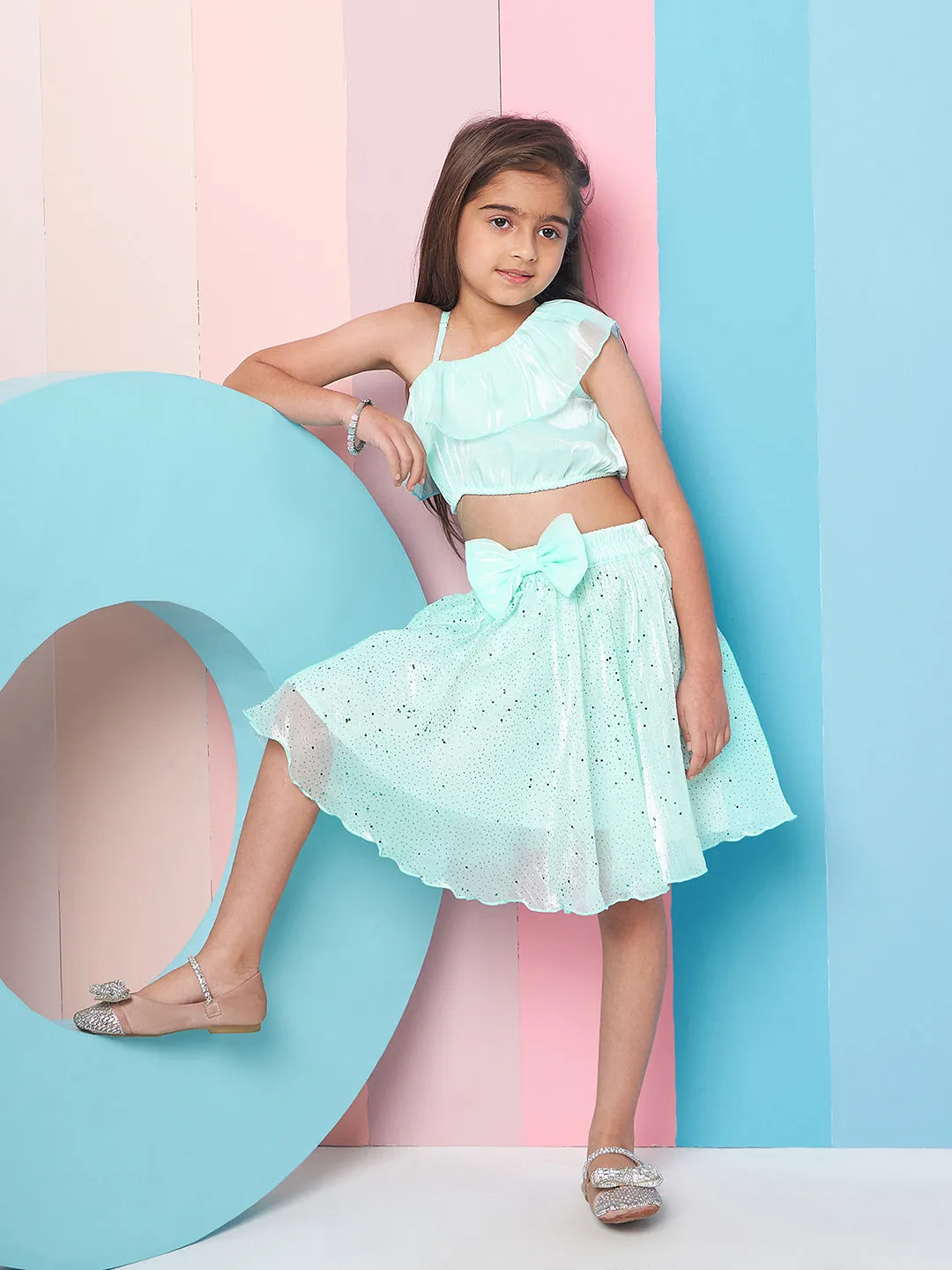 Girls Embellished One Shoulder Top With Skirt - PS Peaches