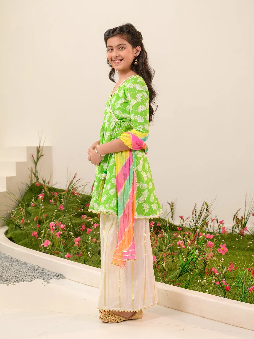 Girls Floral Printed Angrakha Gotta Patti Cotton Kurti With Sharara Dupatta