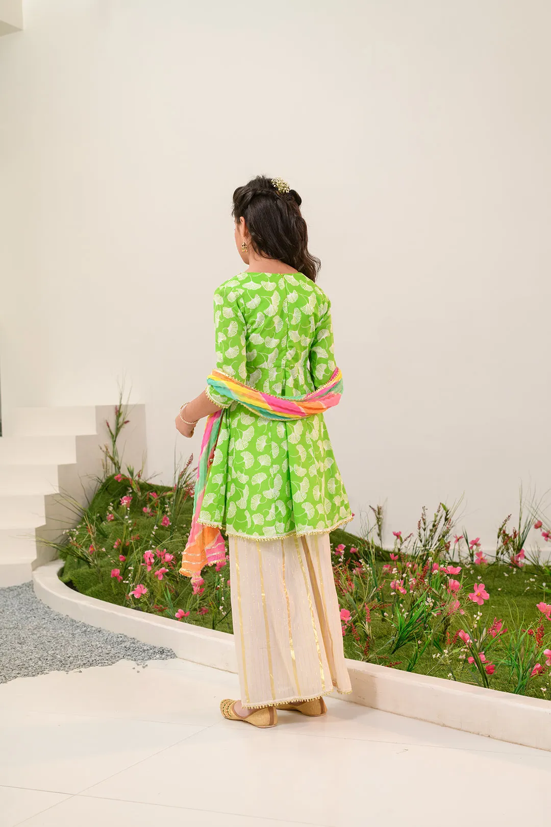 Girls Floral Printed Angrakha Gotta Patti Cotton Kurti With Sharara Dupatta