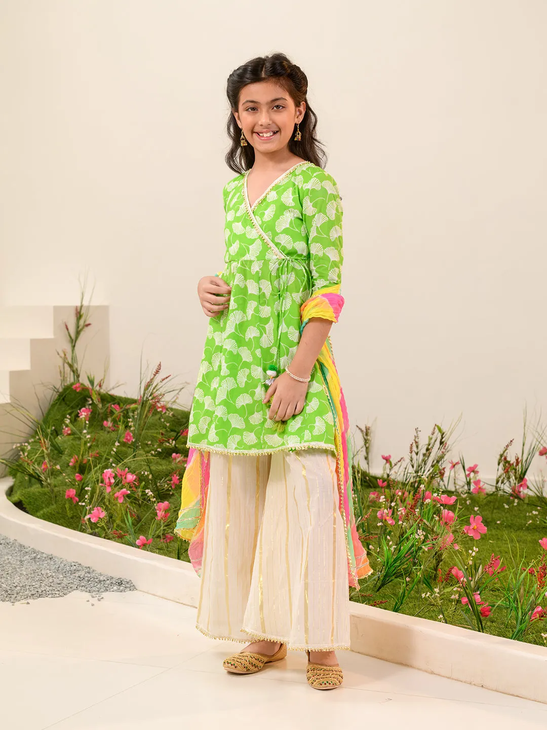 Girls Floral Printed Angrakha Gotta Patti Cotton Kurti With Sharara Dupatta