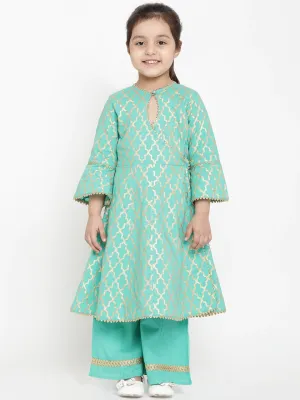 Girl's  Green Printed Angrakha Pure Cotton Kurta With Palazzos - Bitiya By Bhama