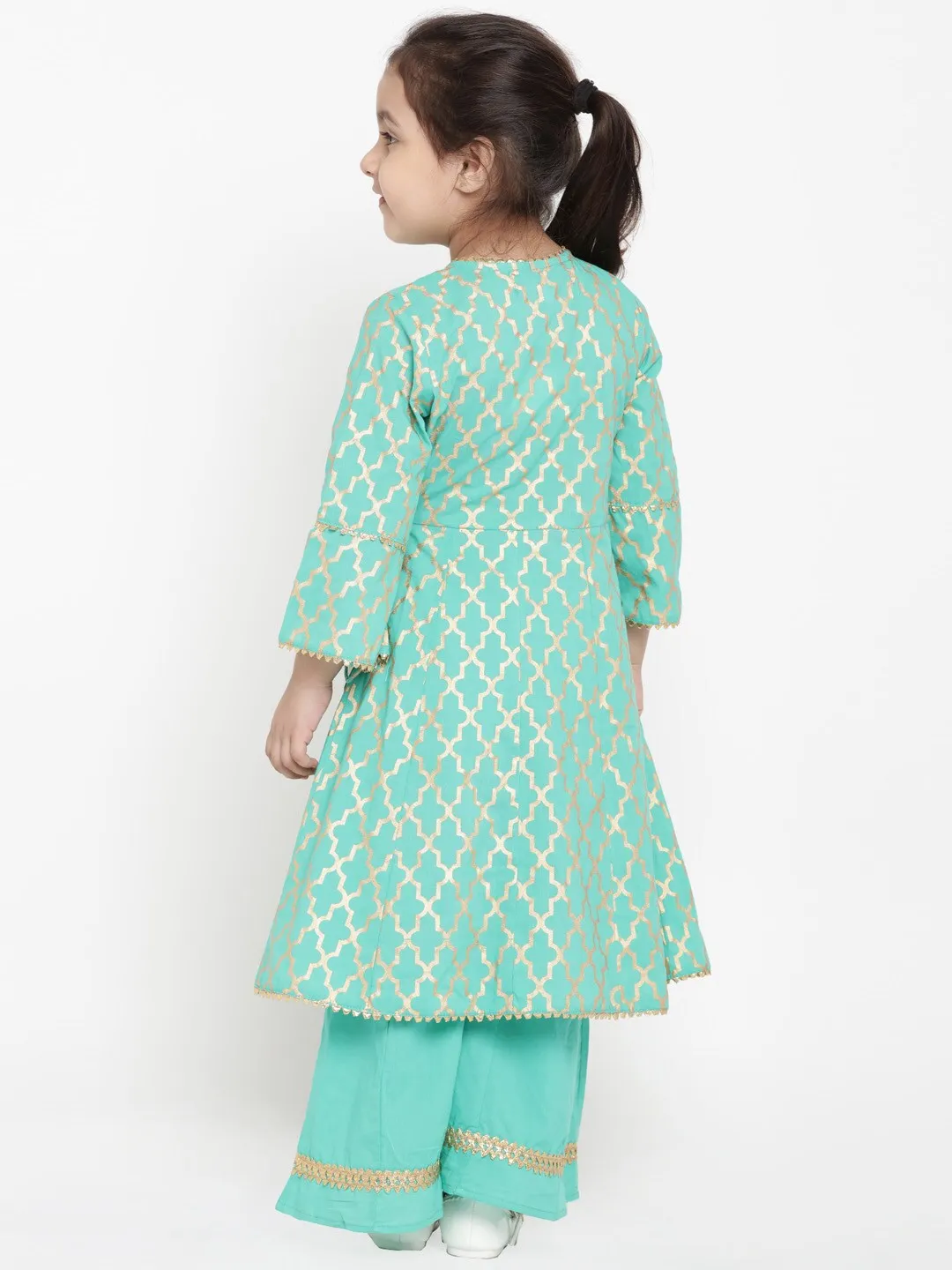 Girl's  Green Printed Angrakha Pure Cotton Kurta With Palazzos - Bitiya By Bhama