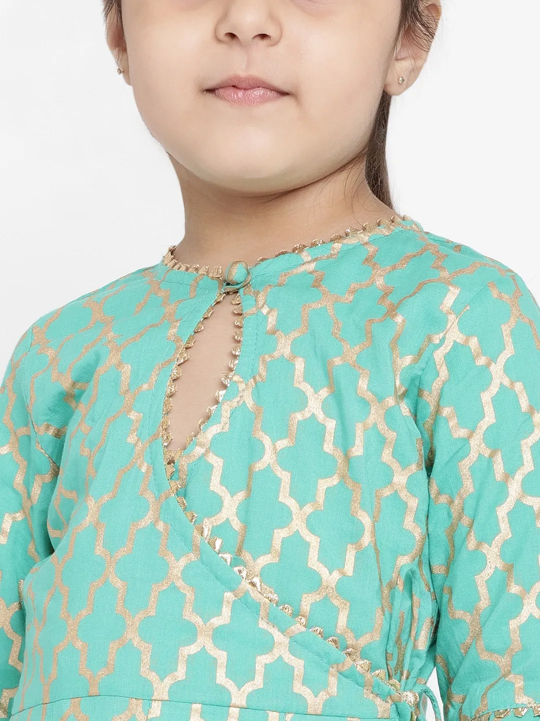 Girl's  Green Printed Angrakha Pure Cotton Kurta With Palazzos - Bitiya By Bhama