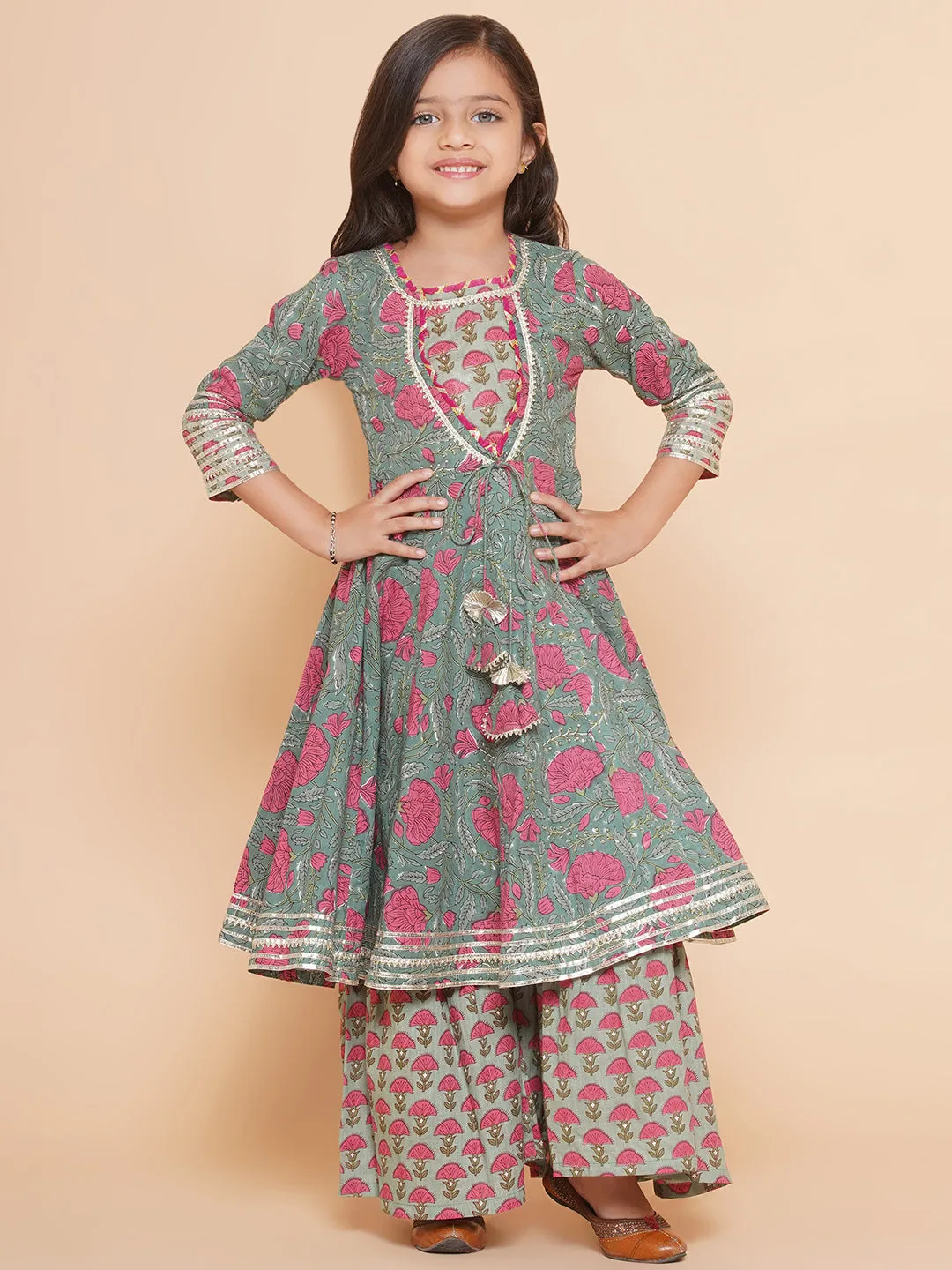 Girl's Green Printed Round Neck Kurta With Sharara - Bitiya By Bhama