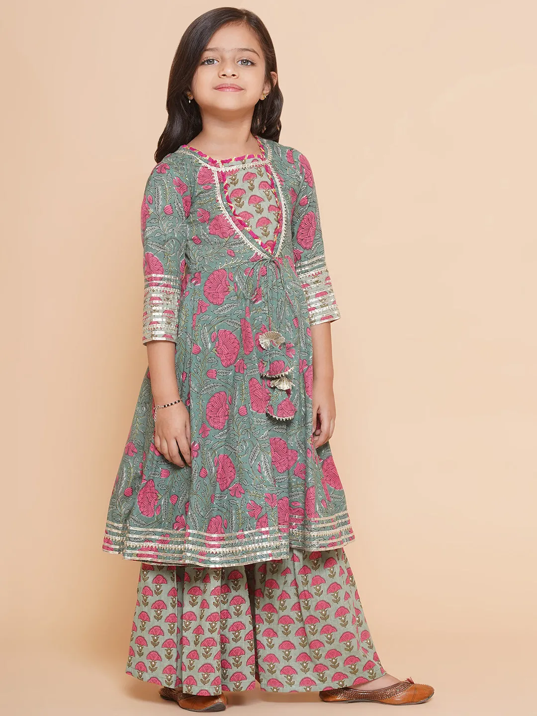 Girl's Green Printed Round Neck Kurta With Sharara - Bitiya By Bhama