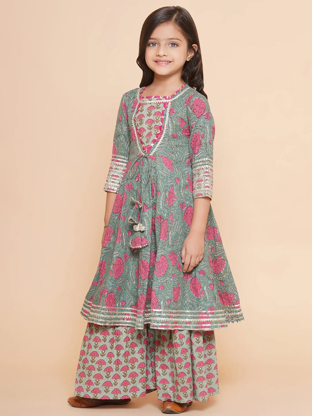 Girl's Green Printed Round Neck Kurta With Sharara - Bitiya By Bhama