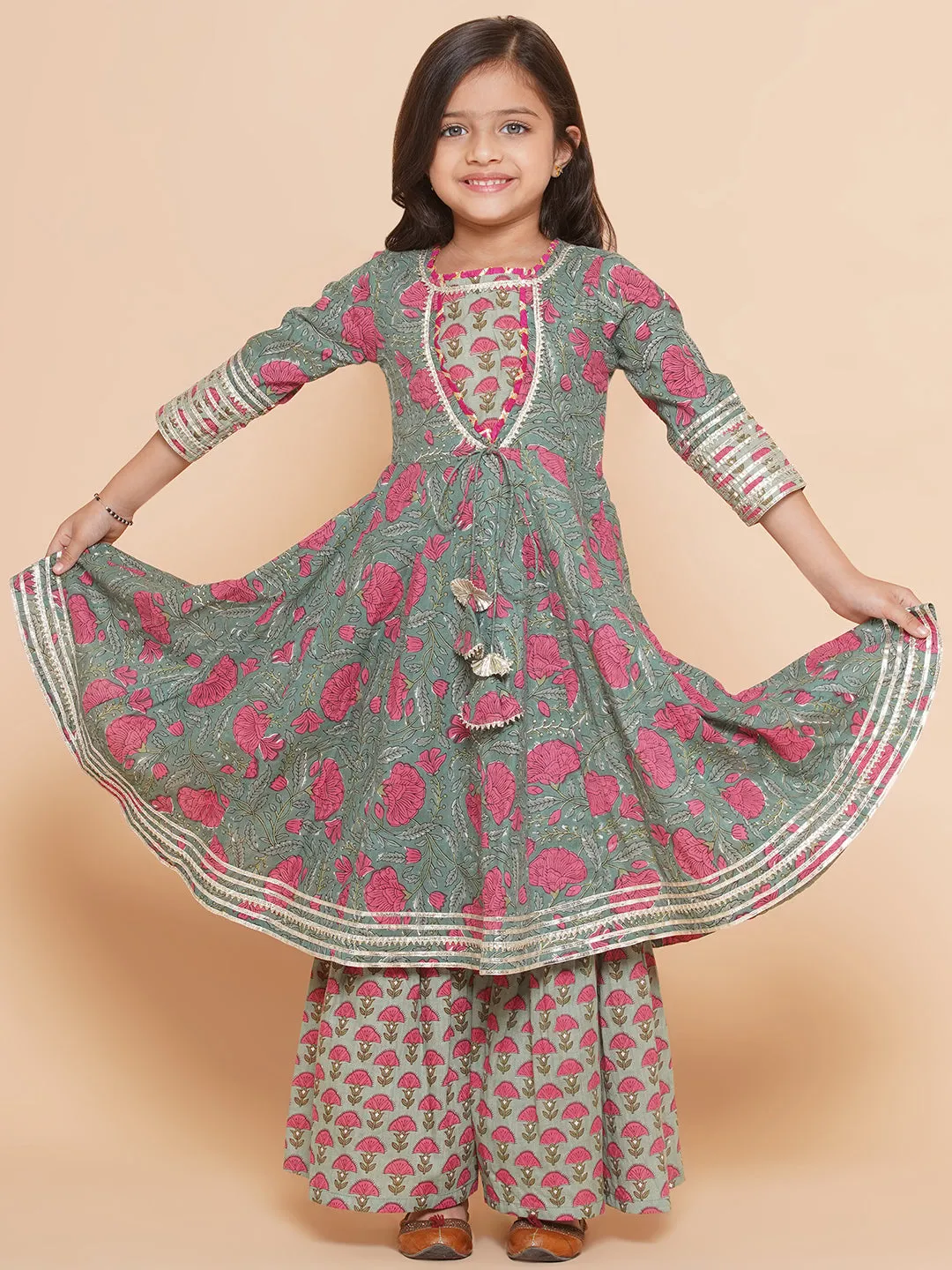 Girl's Green Printed Round Neck Kurta With Sharara - Bitiya By Bhama