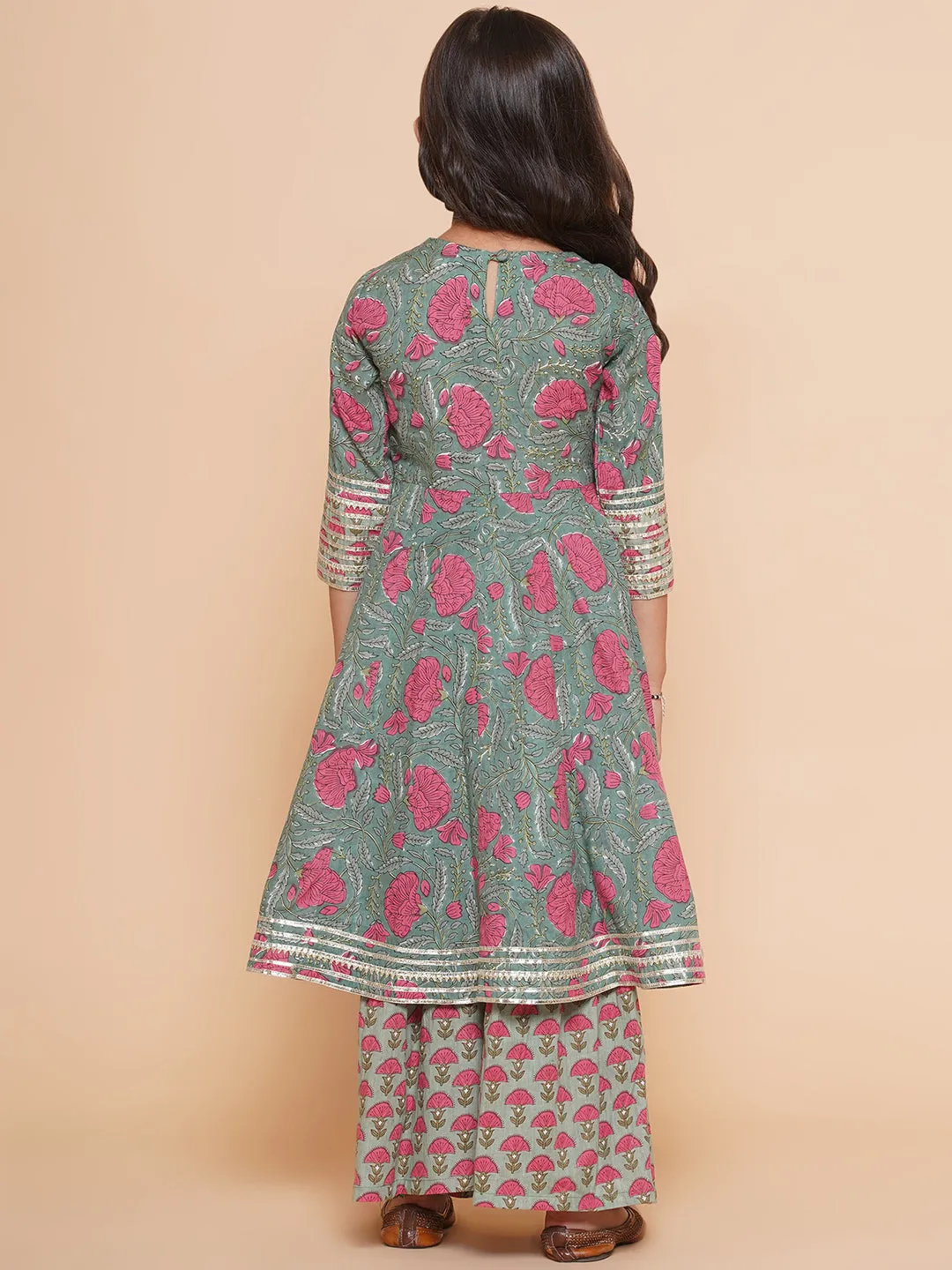 Girl's Green Printed Round Neck Kurta With Sharara - Bitiya By Bhama