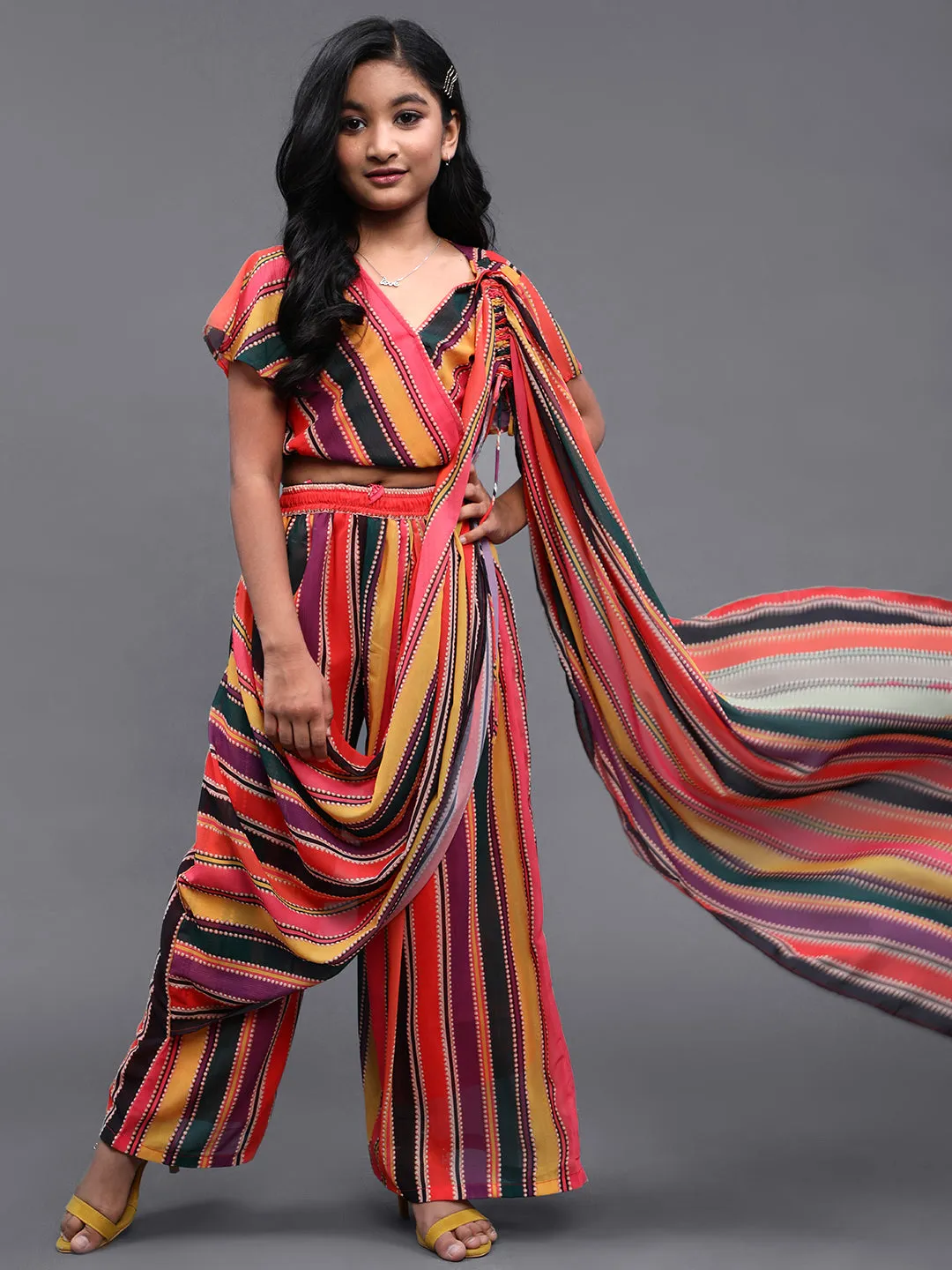 Girl's Multicolor Striped Printed Palazzo Saree With Blouse - Aks Girls