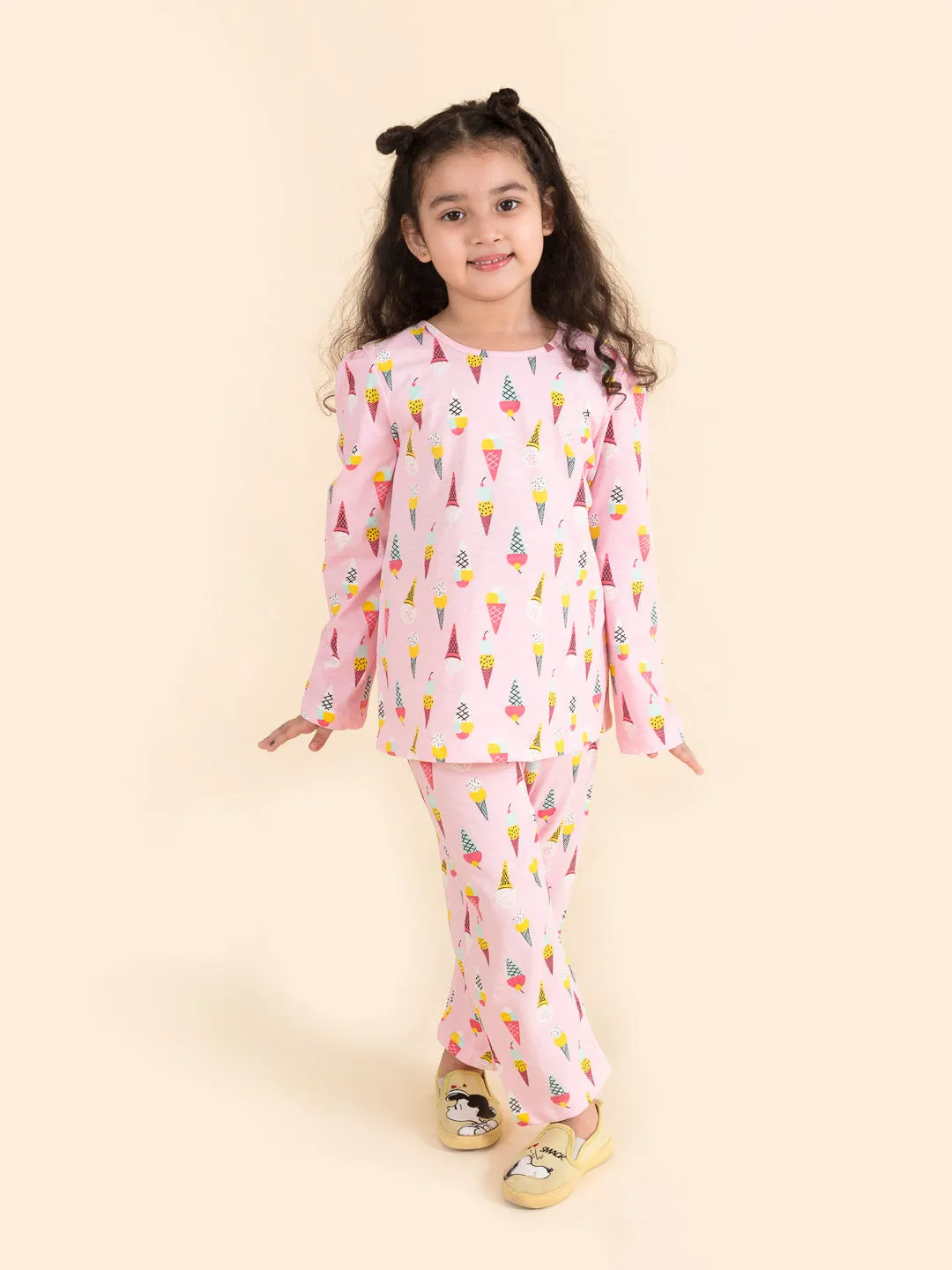 Girls Pink Blue Ice Cream Print Pure Cotton Night Suit - Ps Peaches