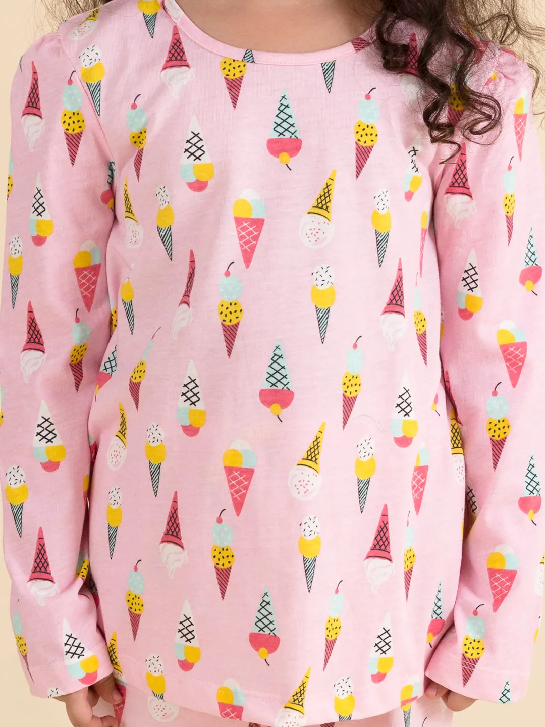 Girls Pink Blue Ice Cream Print Pure Cotton Night Suit - Ps Peaches