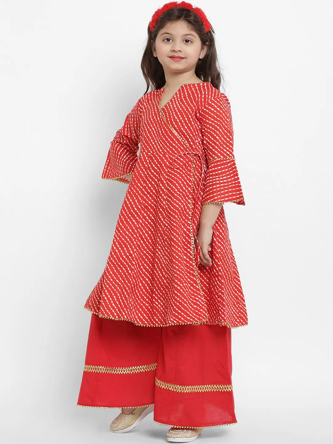 Girl's Red Leheriya Printed Angrakha Kurta With Solid Palazzos - Bitiya By Bhama