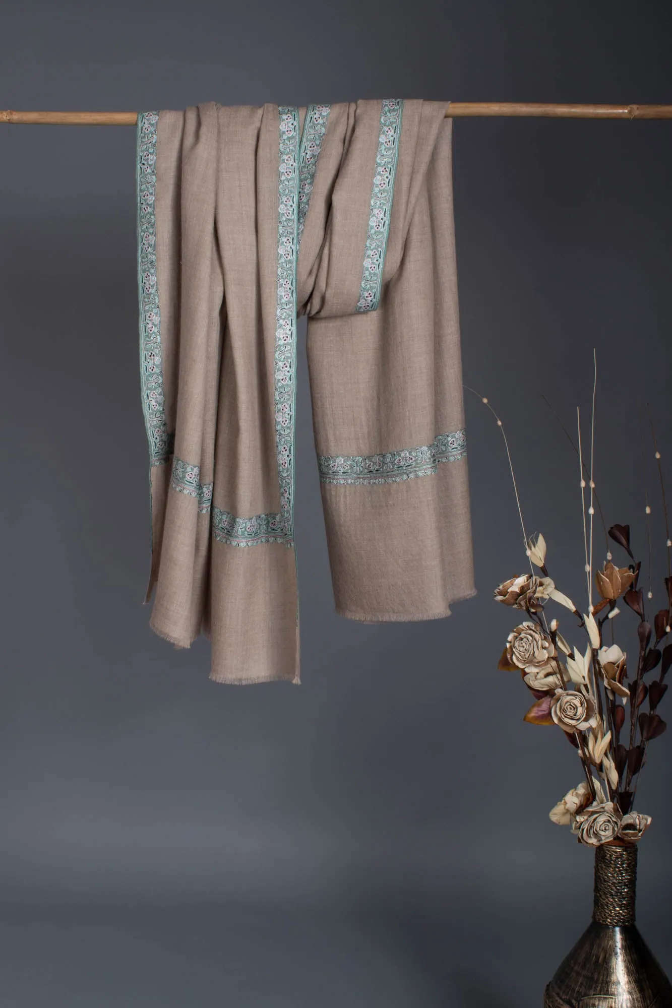 Gray Pashmina Scarf featuring Kashmir Embroidery in a subtle Blue Hue - PEMBROKE