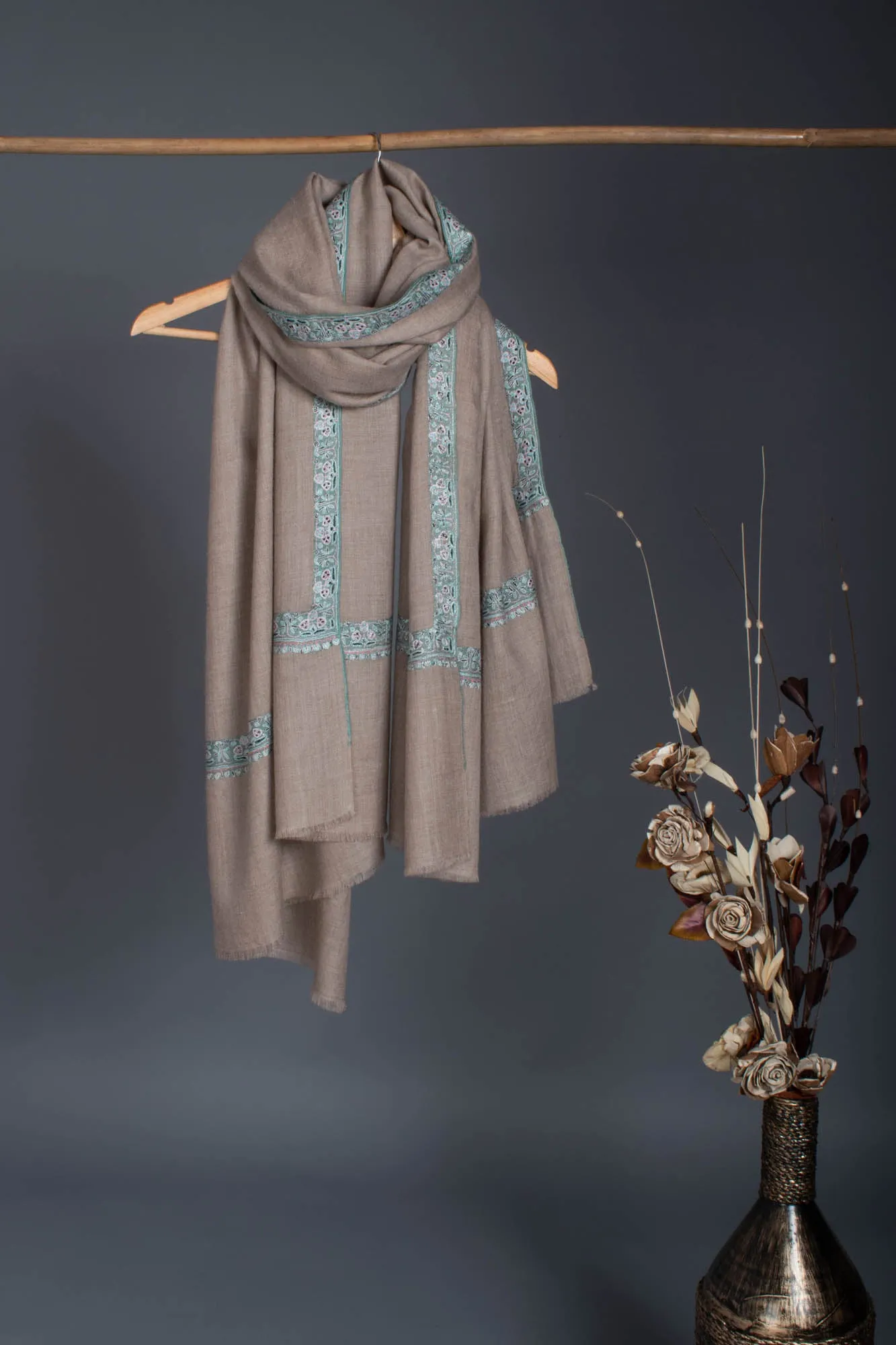 Gray Pashmina Scarf featuring Kashmir Embroidery in a subtle Blue Hue - PEMBROKE