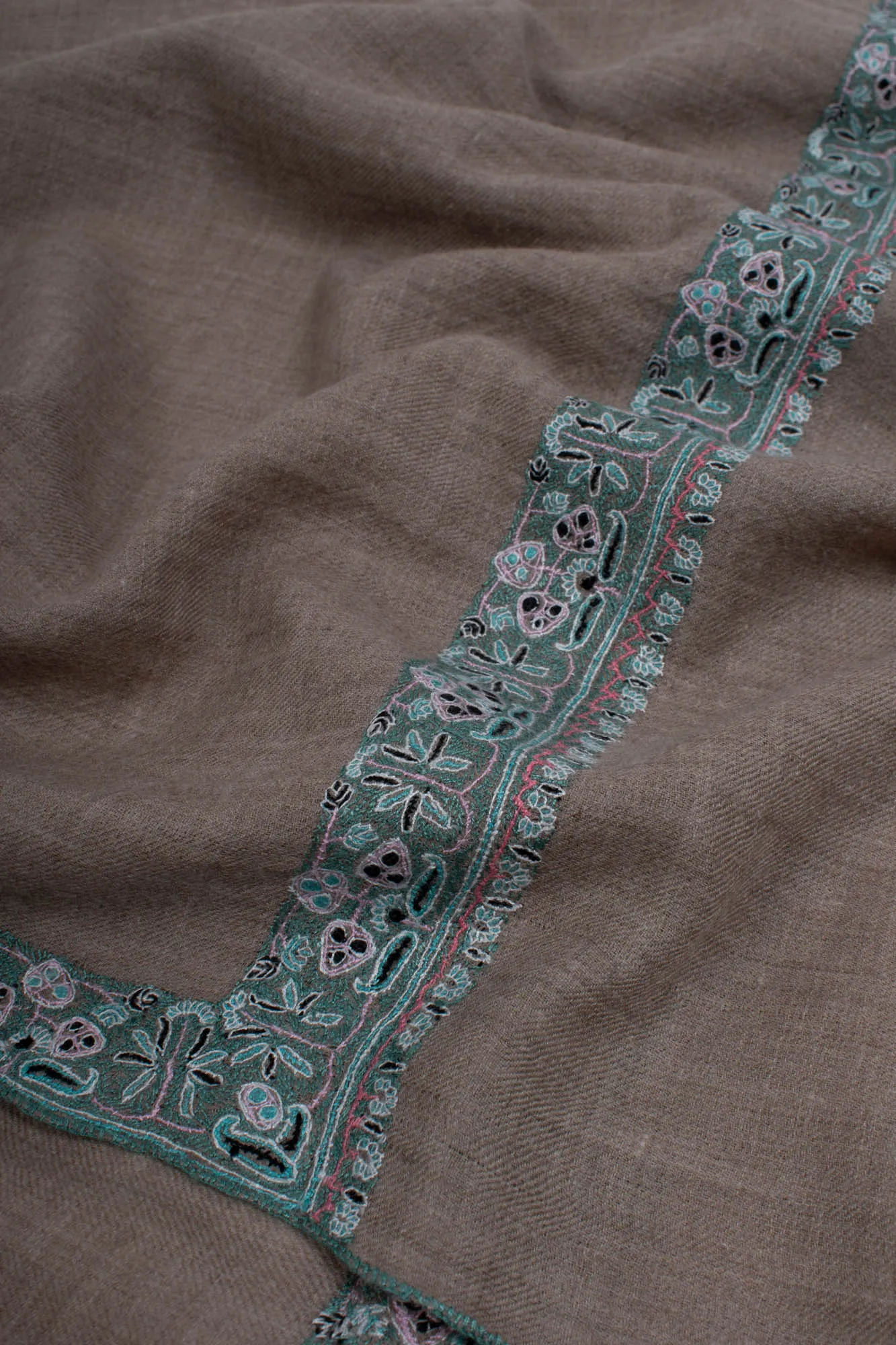 Gray Pashmina Scarf featuring Kashmir Embroidery in a subtle Blue Hue - PEMBROKE