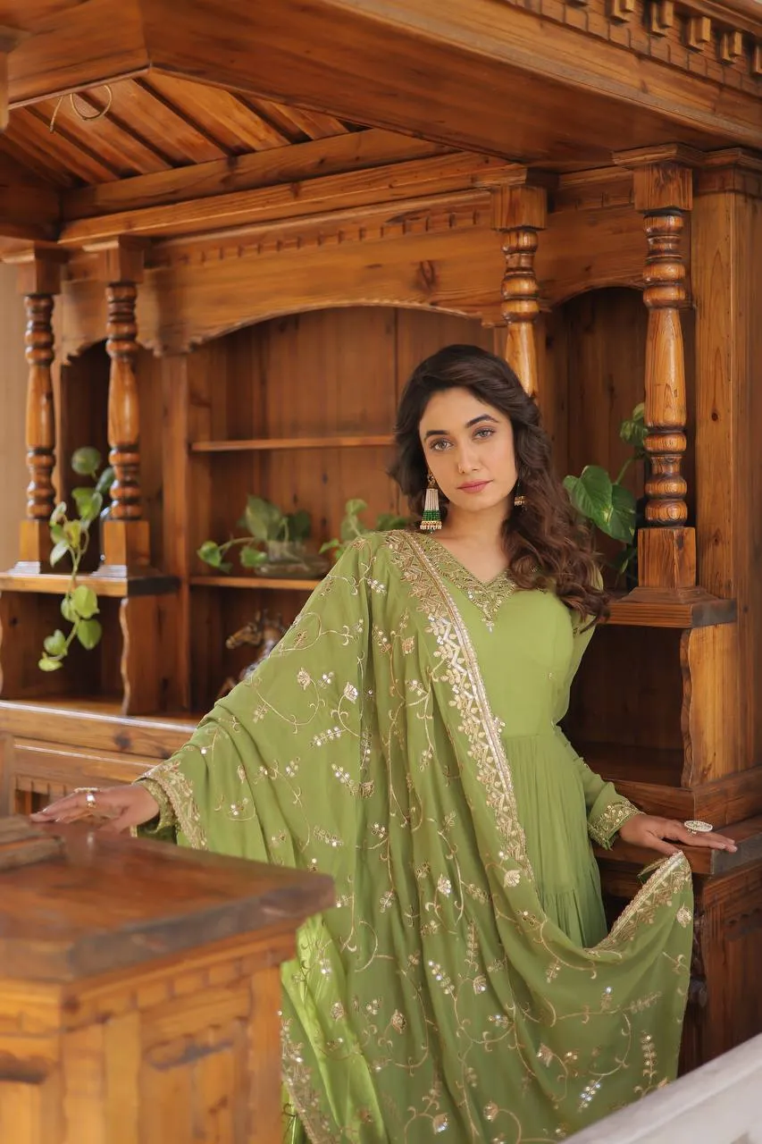 Green Captivating Unique Colored Faux Georgette Embroidered Gown with Sequined Dupatta