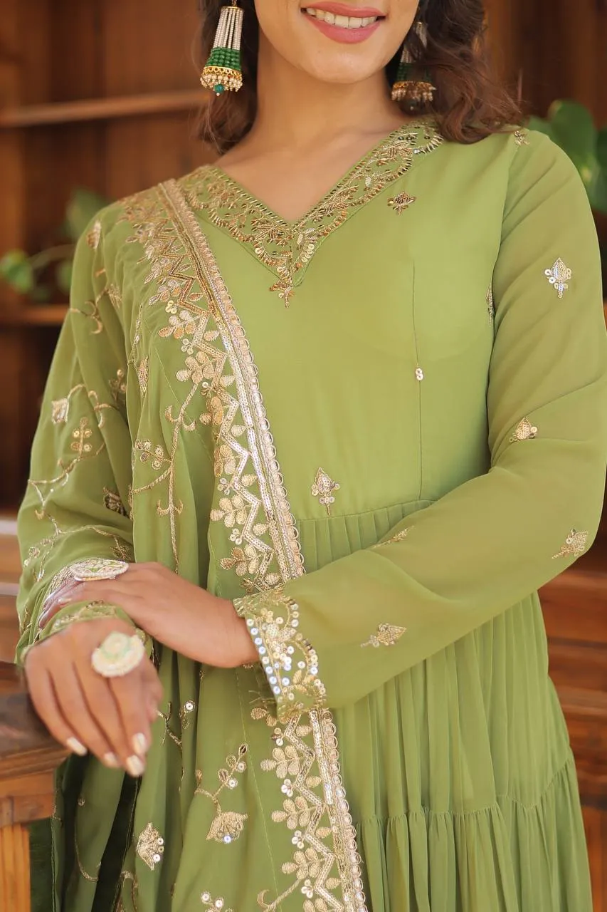 Green Captivating Unique Colored Faux Georgette Embroidered Gown with Sequined Dupatta