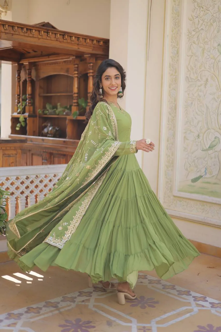 Green Captivating Unique Colored Faux Georgette Embroidered Gown with Sequined Dupatta