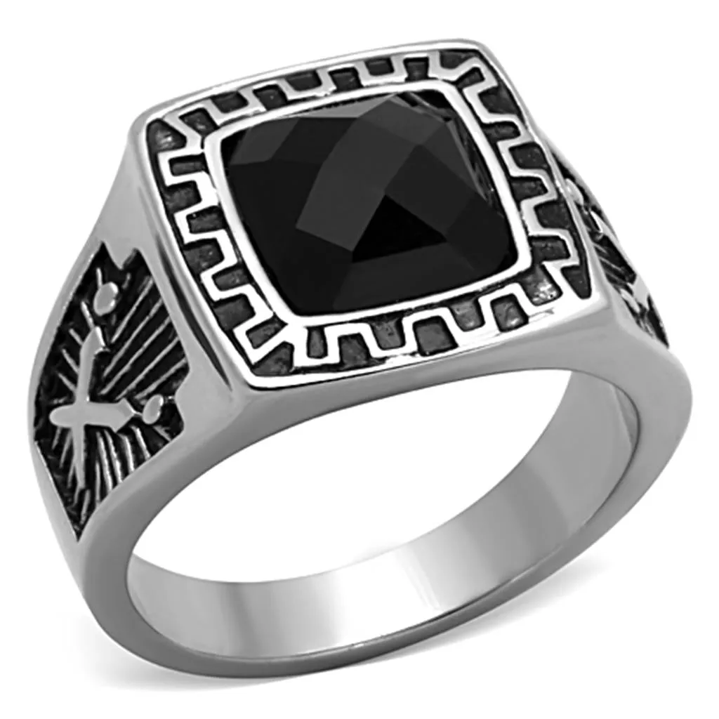 High polished (no plating) Stainless Steel Ring with Synthetic Synthetic Glass in Jet for Women Style TK1356