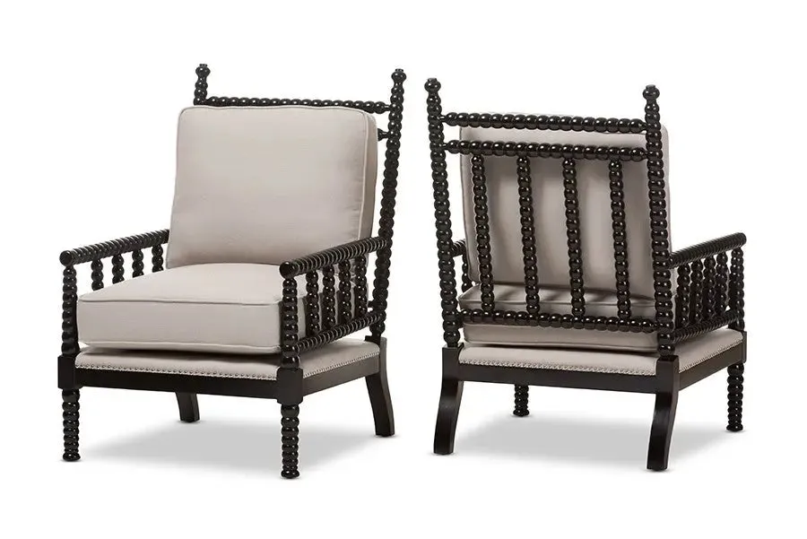 Hillary Beige Fabric Upholstered and Black Finish Wood Spindle-Back 2 PCS-Living Room Accent Chair