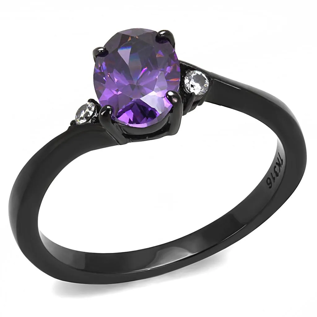 IP Black(Ion Plating) Stainless Steel Ring with AAA Grade CZ in Amethyst for Women Style TK3063