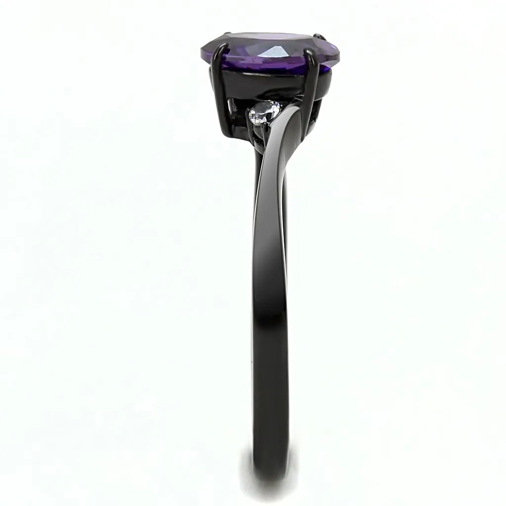 IP Black(Ion Plating) Stainless Steel Ring with AAA Grade CZ in Amethyst for Women Style TK3063