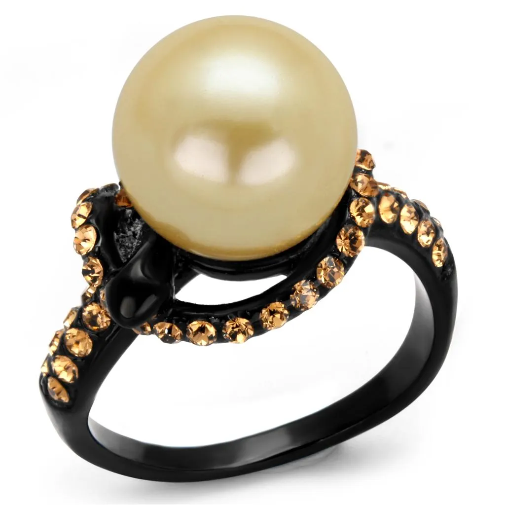 IP Black(Ion Plating) Stainless Steel Ring with Synthetic Pearl in Topaz for Women Style TK2349