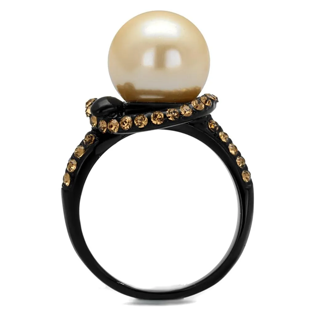 IP Black(Ion Plating) Stainless Steel Ring with Synthetic Pearl in Topaz for Women Style TK2349