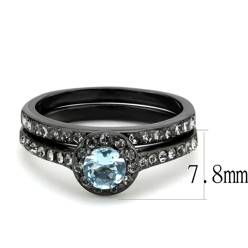 IP Black(Ion Plating) Stainless Steel Ring with Synthetic Synthetic Glass in Sea Blue for Women Style TK3634