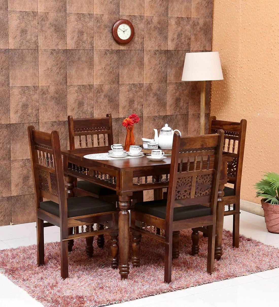 Jangid Handicraft Solid Sheesham Wood Traditional Dining Table 4 Seater | Wooden Four Seater Dinning Table with 4 Chairs for Home | Chairs with Cushion | Dining Room Sets for Restaurants | Dark Brown