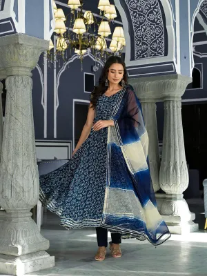 Jashvi Blue Printed Anarkali Muslin Shoulder Stripe Kurta Trouser with Dupatta Set