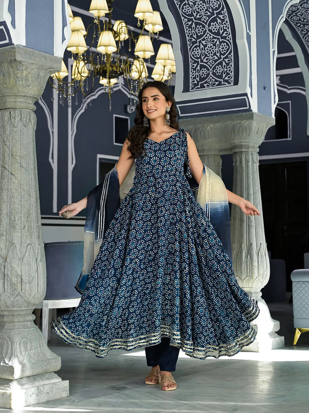 Jashvi Blue Printed Anarkali Muslin Shoulder Stripe Kurta Trouser with Dupatta Set