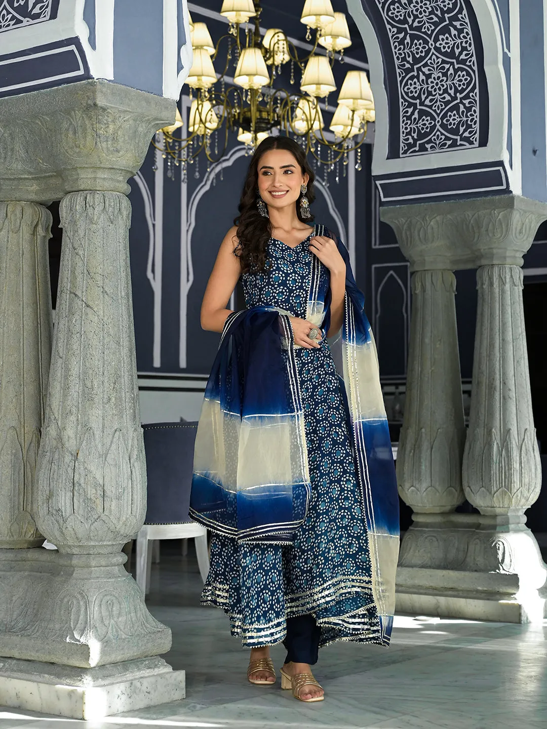 Jashvi Blue Printed Anarkali Muslin Shoulder Stripe Kurta Trouser with Dupatta Set