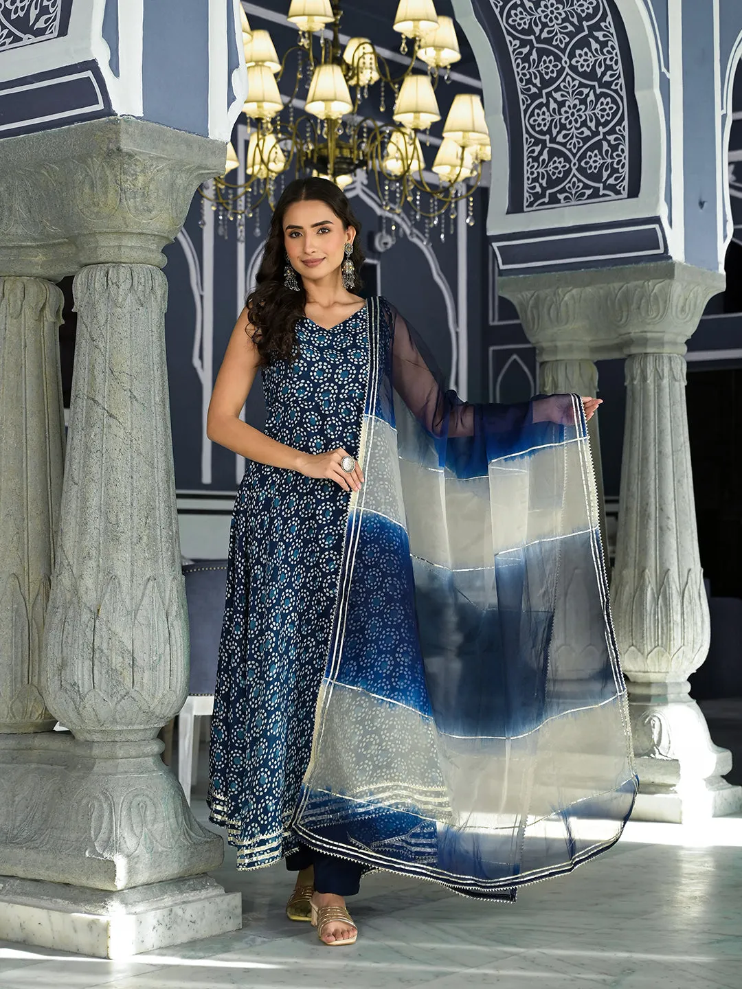 Jashvi Blue Printed Anarkali Muslin Shoulder Stripe Kurta Trouser with Dupatta Set