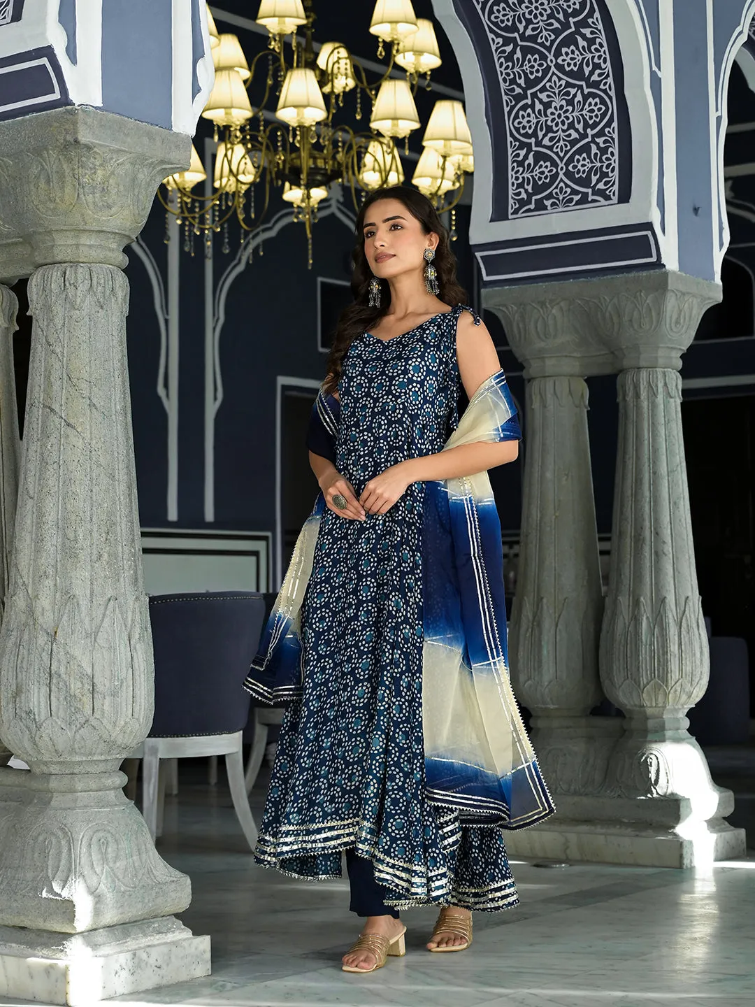 Jashvi Blue Printed Anarkali Muslin Shoulder Stripe Kurta Trouser with Dupatta Set