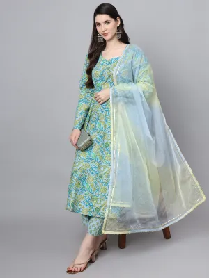 Jashvi Floral Printed Sky Blue Cotton Anarkali Kurta Pant Dupatta Set