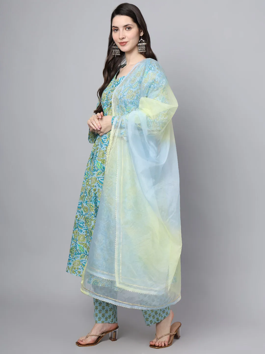 Jashvi Floral Printed Sky Blue Cotton Anarkali Kurta Pant Dupatta Set