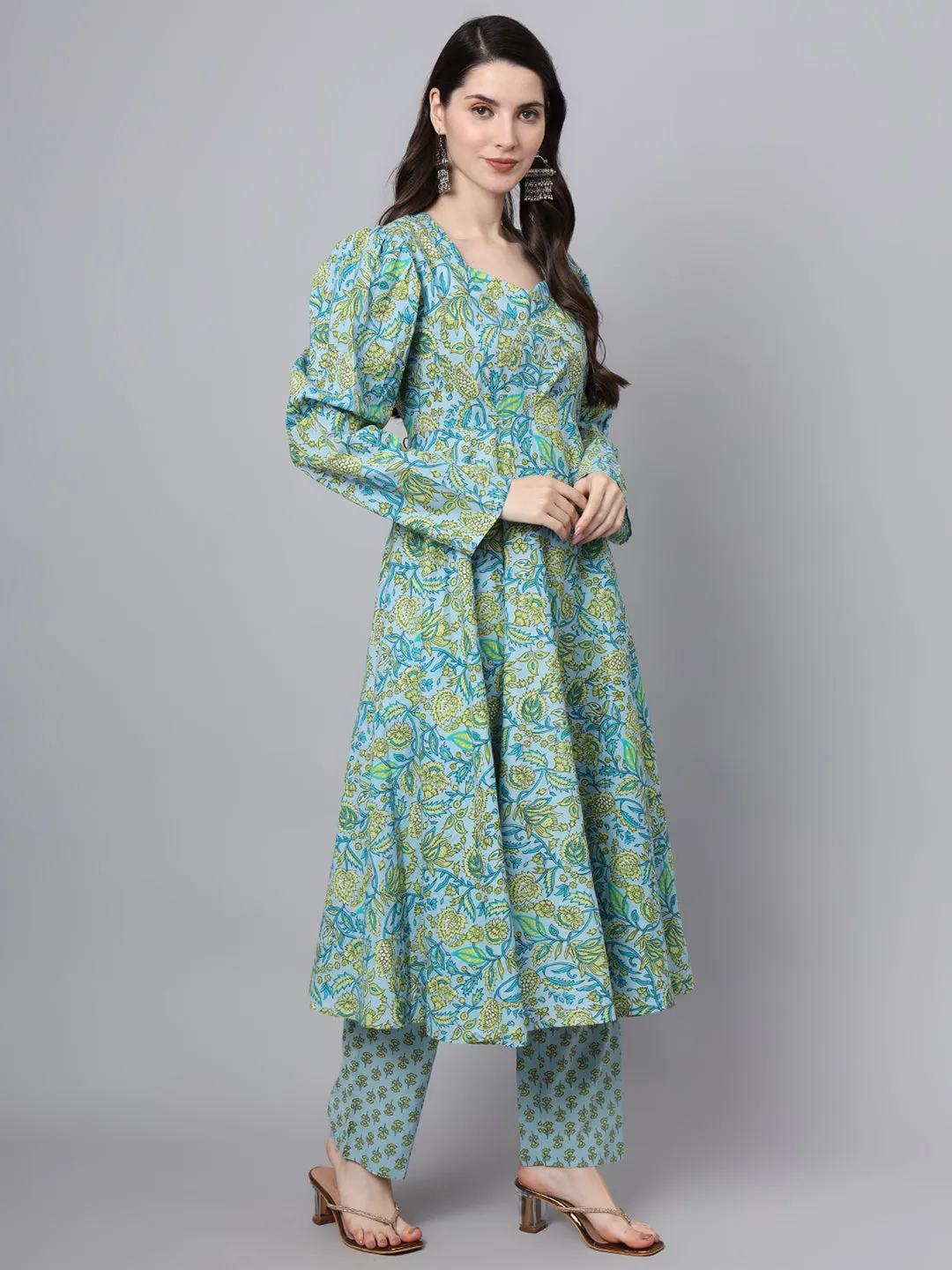 Jashvi Floral Printed Sky Blue Cotton Anarkali Kurta Pant Dupatta Set