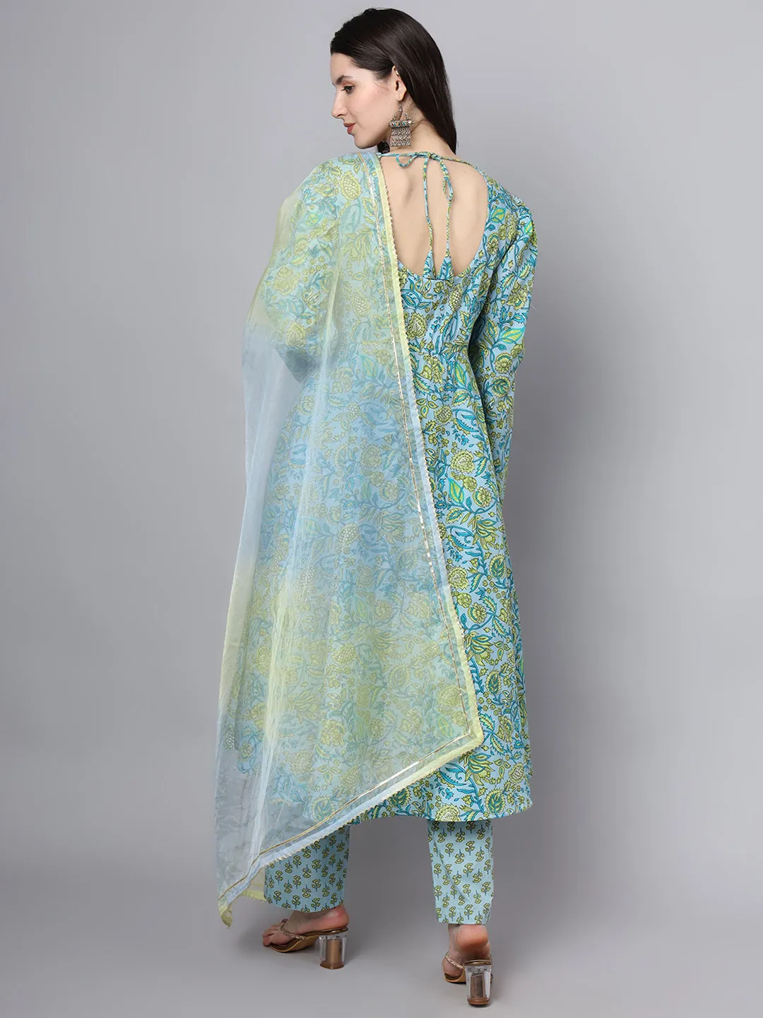 Jashvi Floral Printed Sky Blue Cotton Anarkali Kurta Pant Dupatta Set