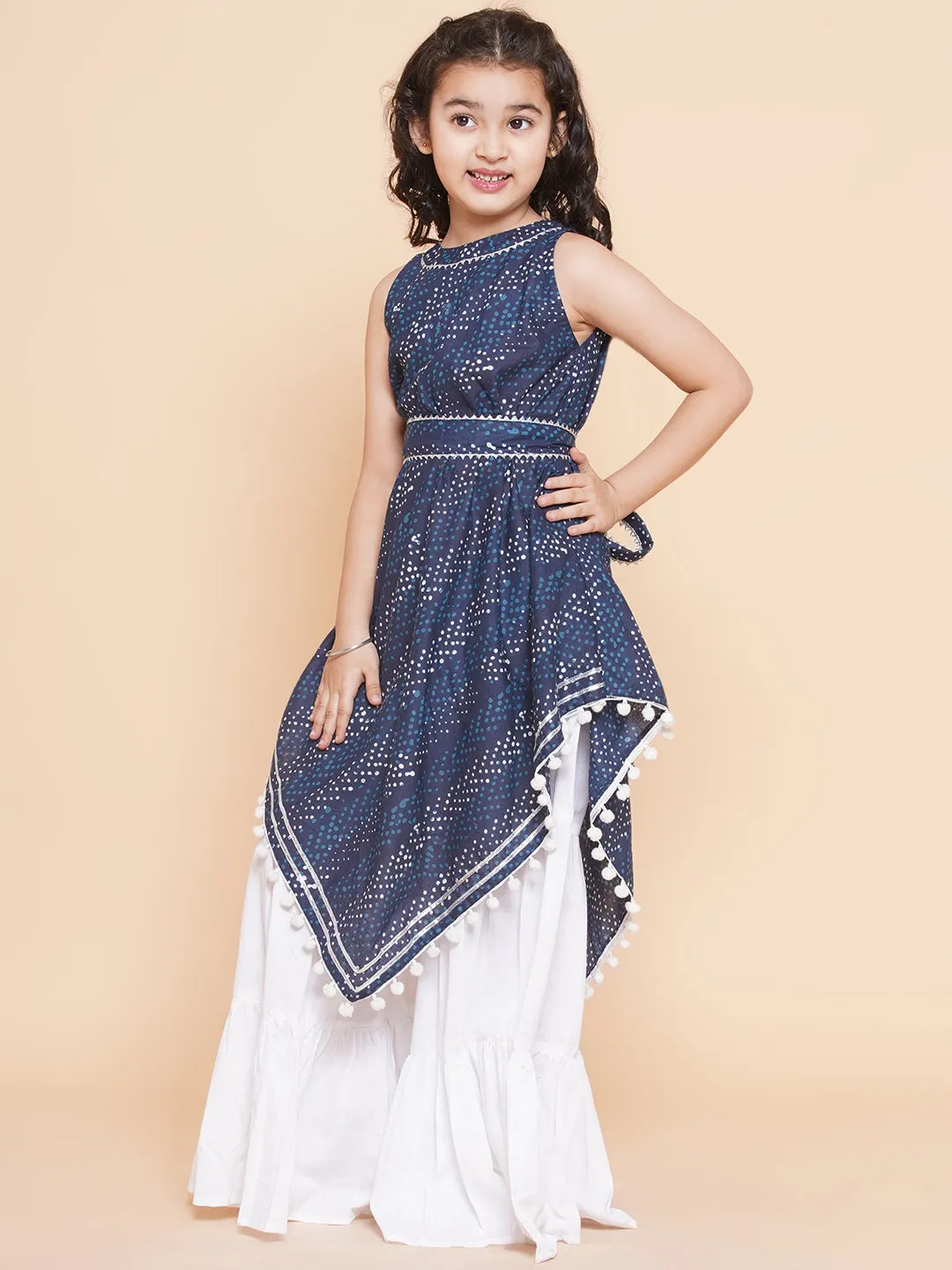 Jashvi Girls Navy Blue Printed With Lace Handkerchief Style Kurta With Sharara