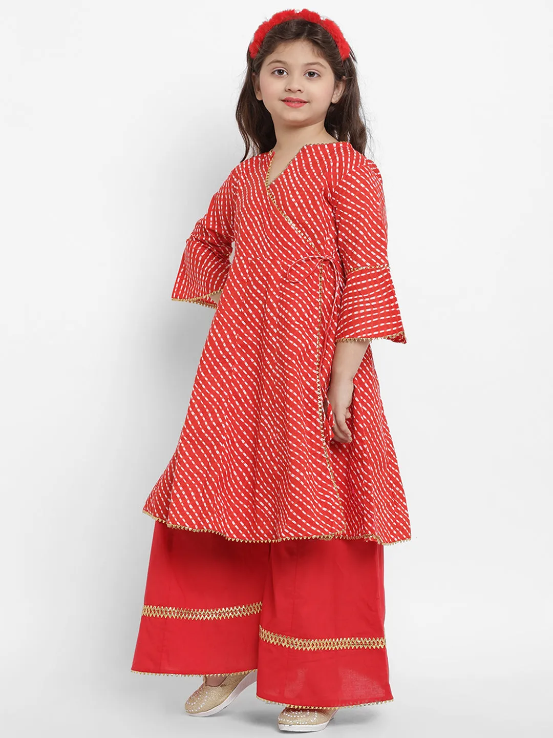 Jashvi Girls Red Leheriya Printed Angrakha Kurta With Solid Palazzos