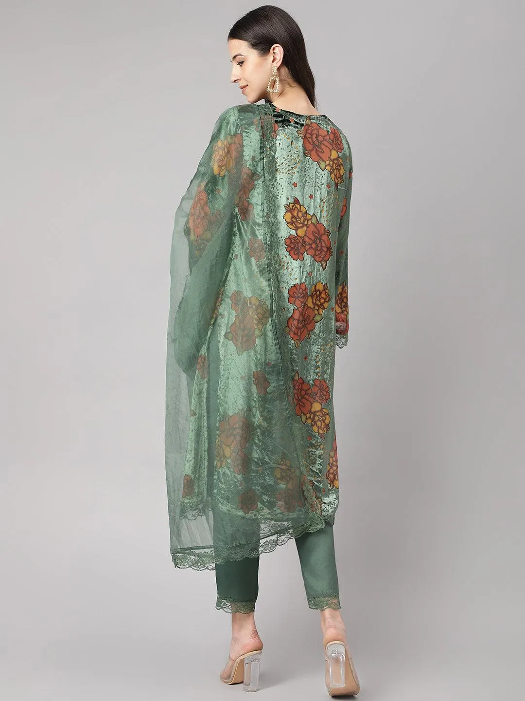 Jashvi Green Burn out Velvat Kurta Haram Pant with Organza Dupatta