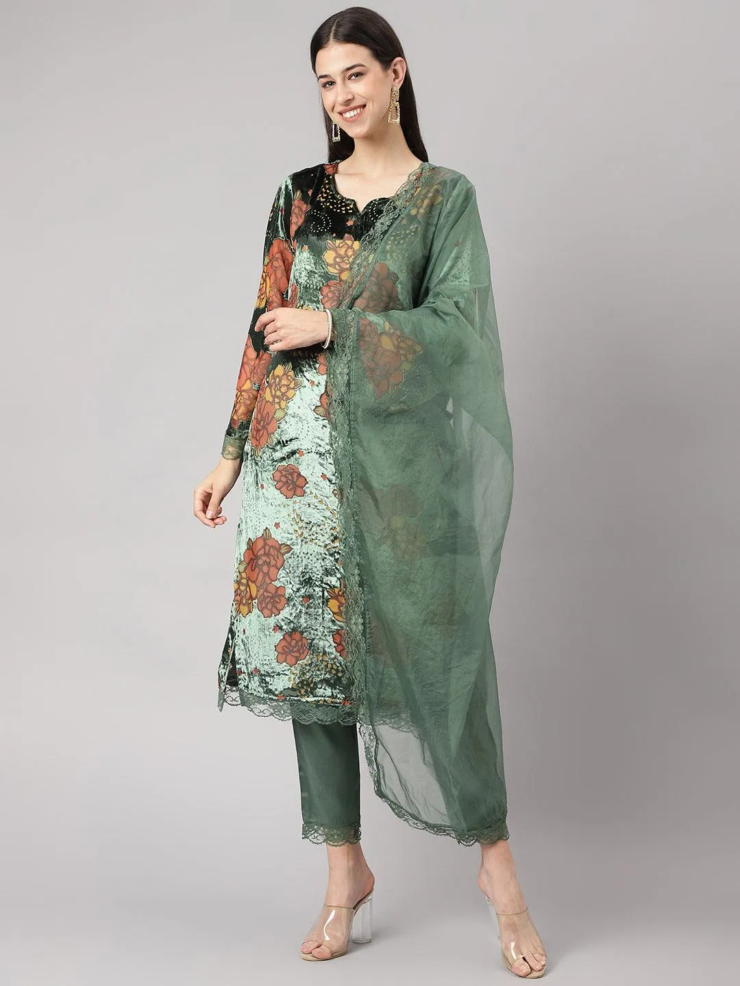 Jashvi Green Burn out Velvat Kurta Haram Pant with Organza Dupatta