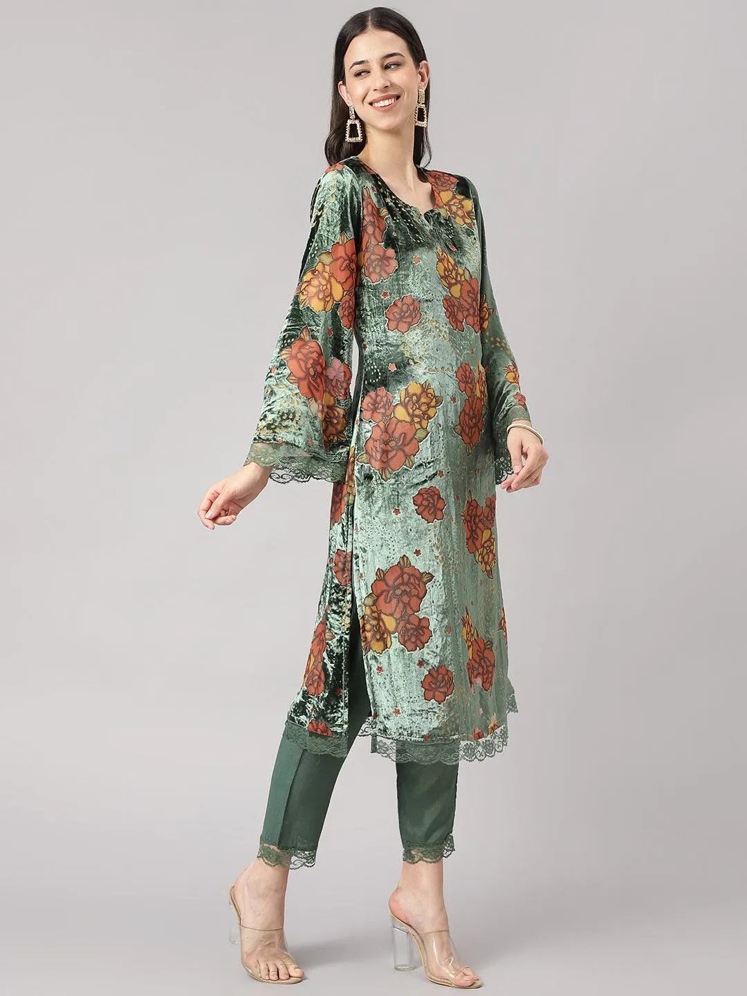 Jashvi Green Burn out Velvat Kurta Haram Pant with Organza Dupatta