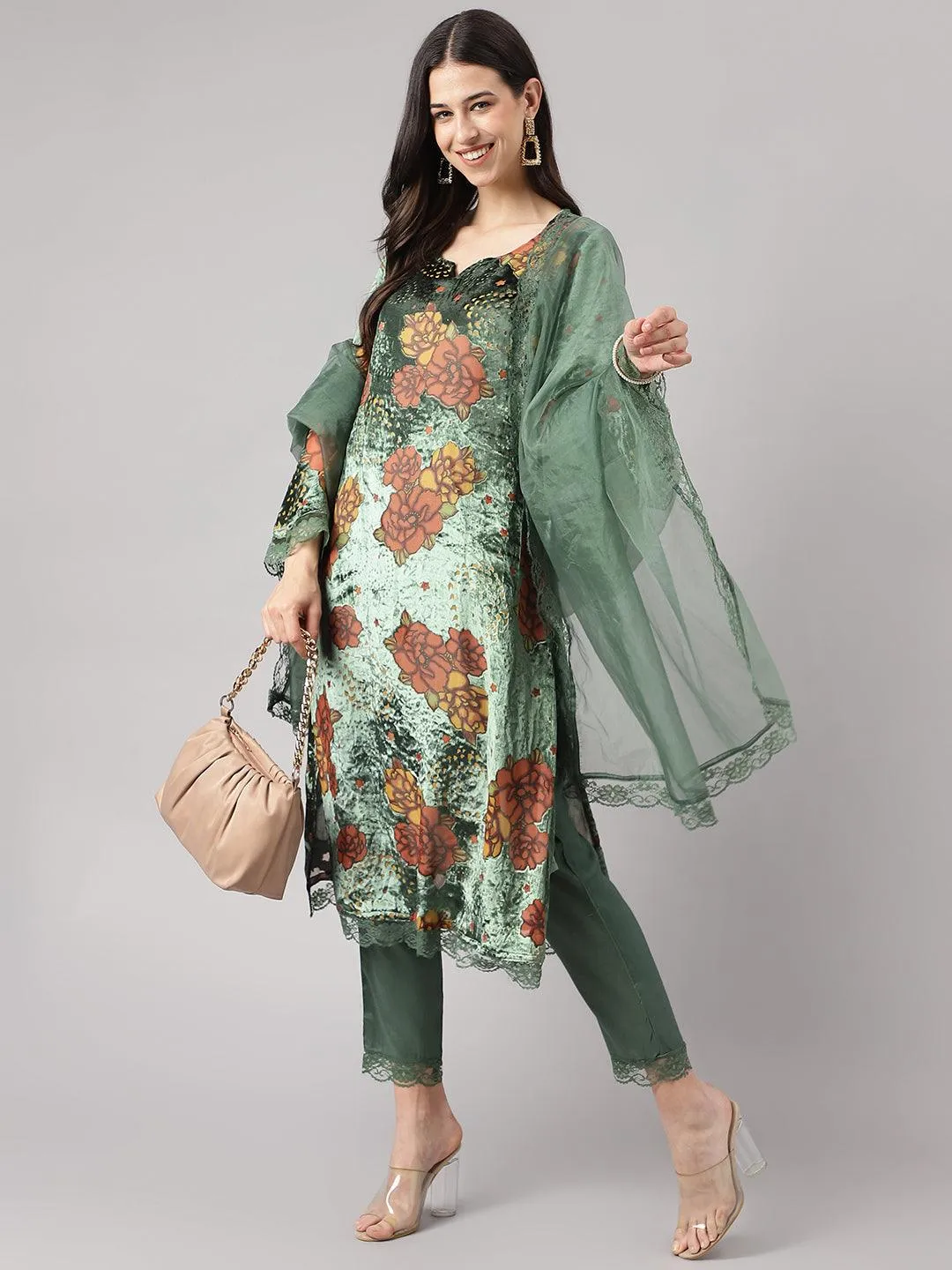 Jashvi Green Burn out Velvat Kurta Haram Pant with Organza Dupatta