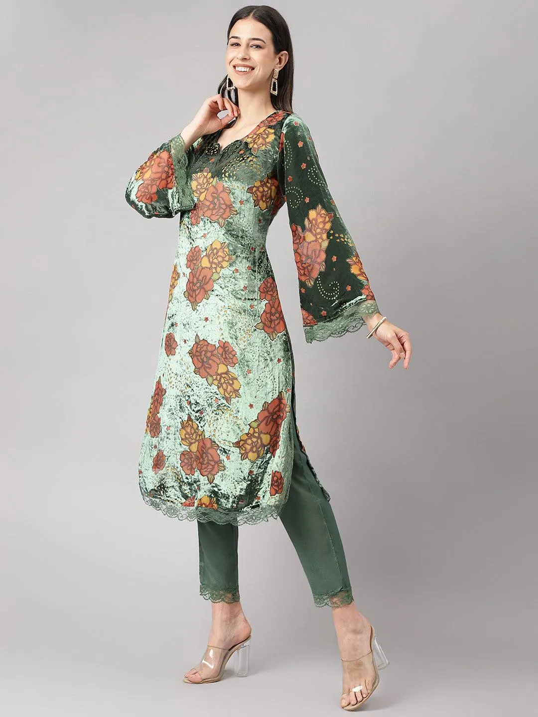 Jashvi Green Burn out Velvat Kurta Haram Pant with Organza Dupatta