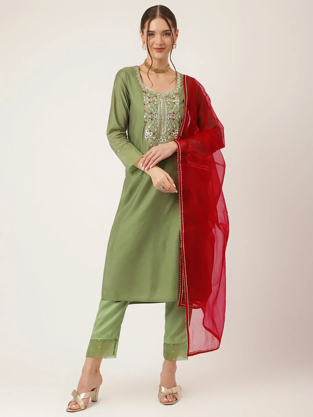 Jashvi Green Embroidered  Chanderi  Kurta, Trouser With Dupatta