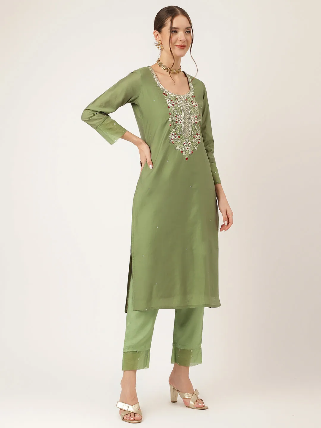 Jashvi Green Embroidered  Chanderi  Kurta, Trouser With Dupatta