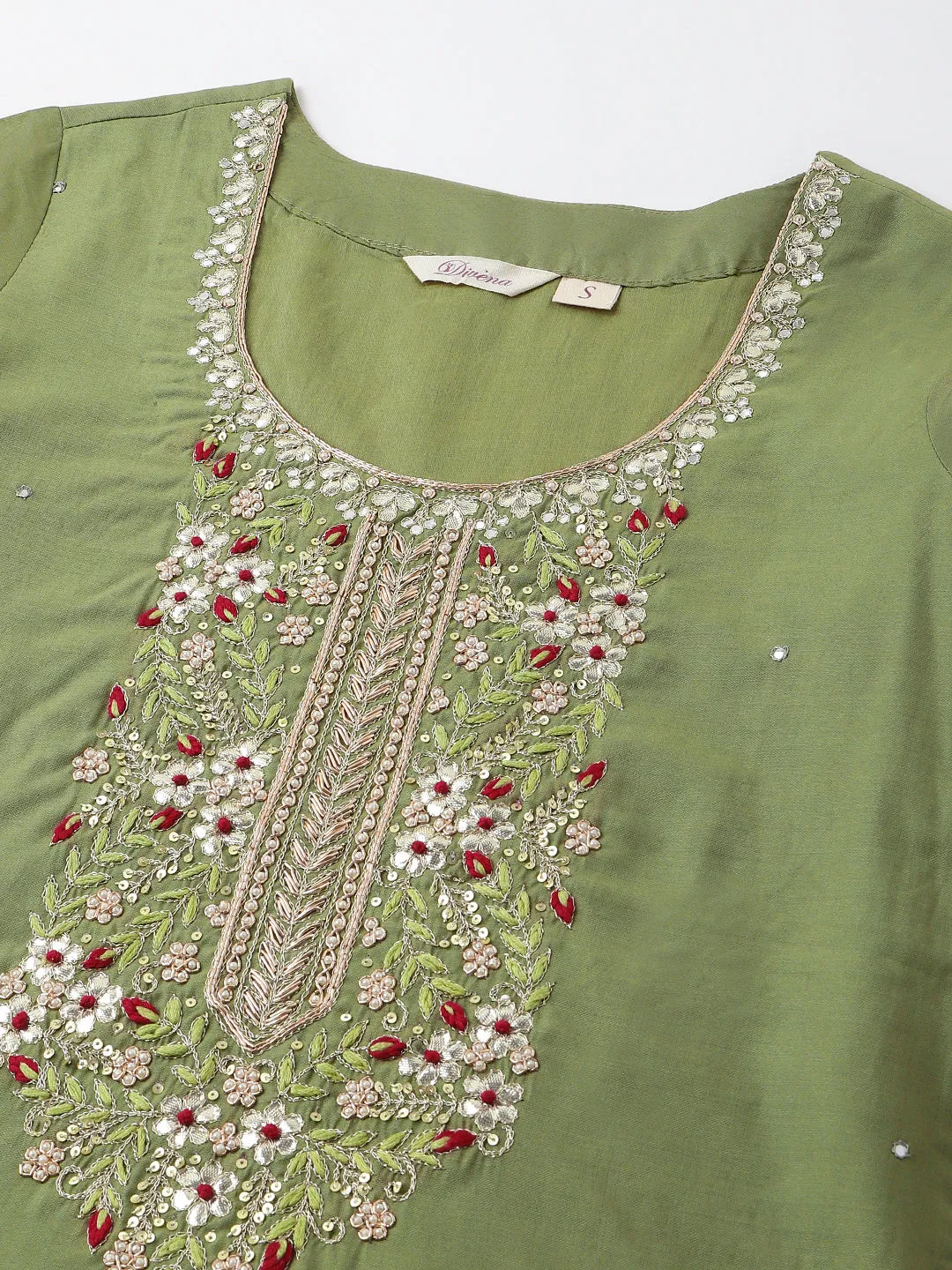 Jashvi Green Embroidered  Chanderi  Kurta, Trouser With Dupatta