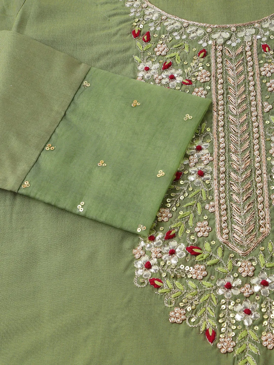 Jashvi Green Embroidered  Chanderi  Kurta, Trouser With Dupatta